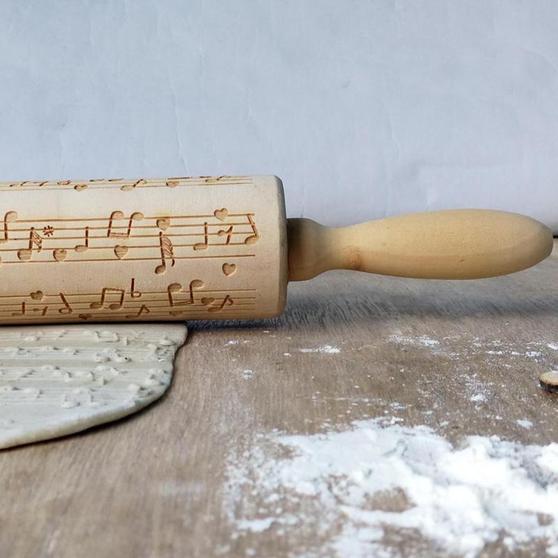 Wooden Musical Note Printing Rolling Pin Wooden Carved Embossed Dry Dough Stick Cookie Rolling Pin