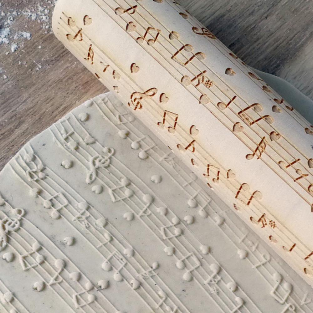 Wooden Musical Note Printing Rolling Pin Wooden Carved Embossed Dry Dough Stick Cookie Rolling Pin
