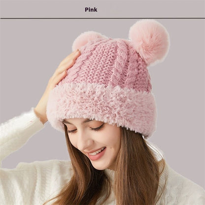 Teddy Bear Ears Fur-Ball Knitted Hat