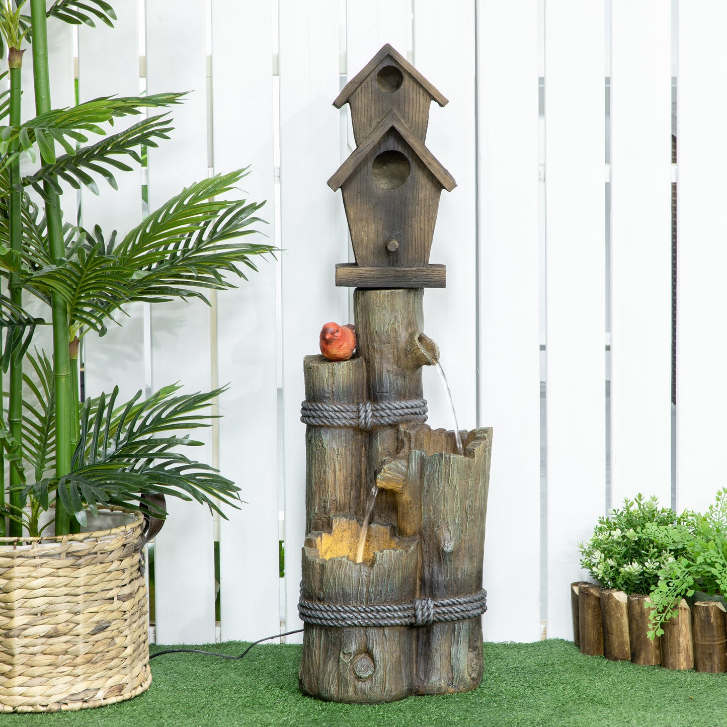 Birdhouse 3-Tier Lighted Log Garden Fountain