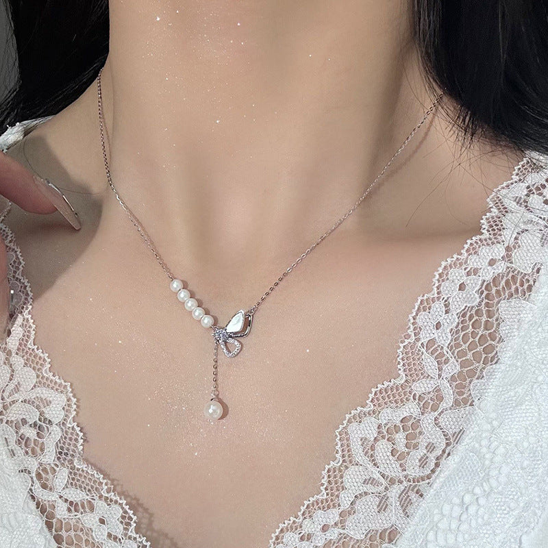 925 Sterling Silver Pearl Bow Necklace