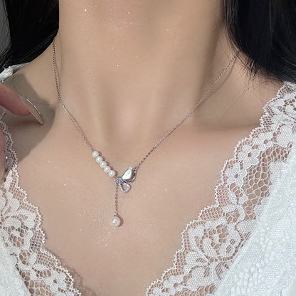 925 Sterling Silver Pearl Bow Necklace