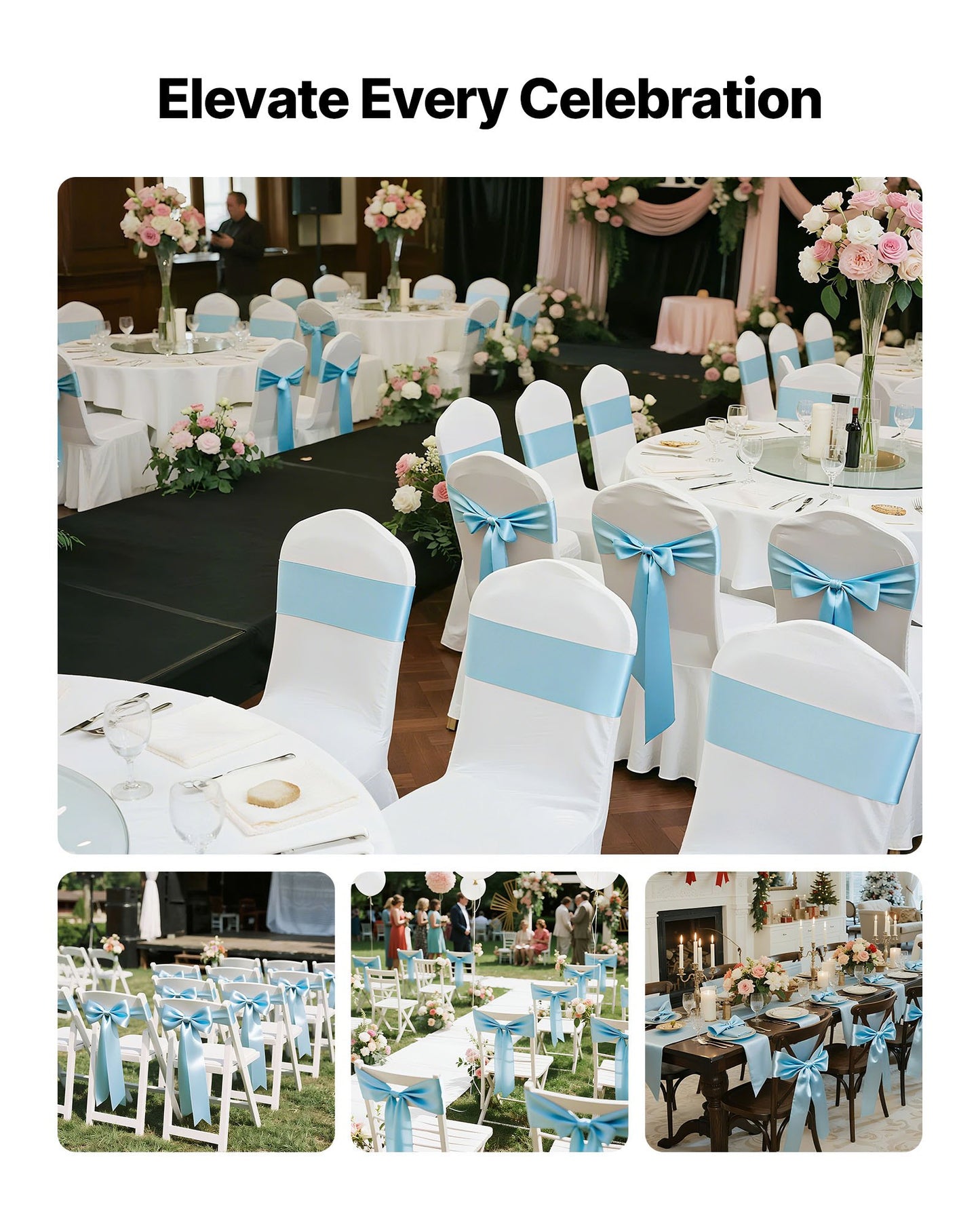 Satin Chair Sashes Bows, 100PCS - Light Blue