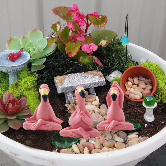 2.4" Mini Yoga Flamingo Figurines - Tiny Gifts Whimsical Kawaii Pink Flamingo Desk Decor, Set of 3 Fairy Garden Lawn Statues, Flamingo Gifts for Women/Mom/Grandma/Girls