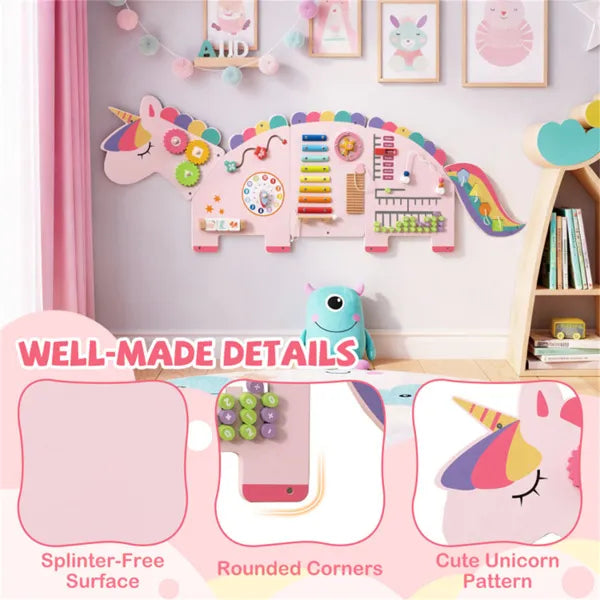 Montessori Activity Wall Busy Board Panel  -  11-in-1 Pink Rainbow Unicorn