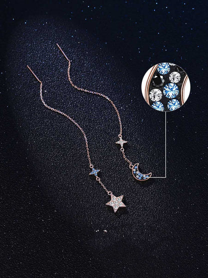 925S Asymmetrical Star And Moon Long Tassel Earrings