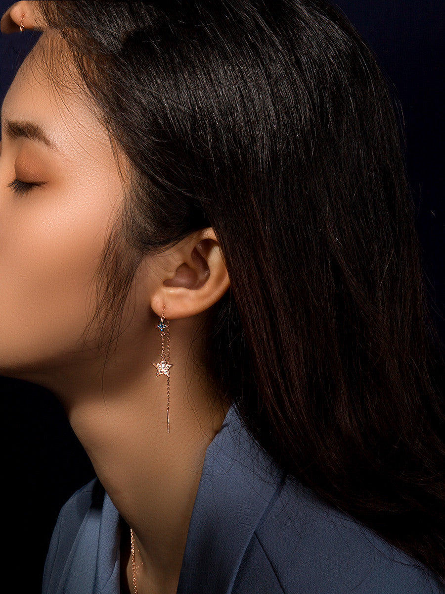 925S Asymmetrical Star And Moon Long Tassel Earrings