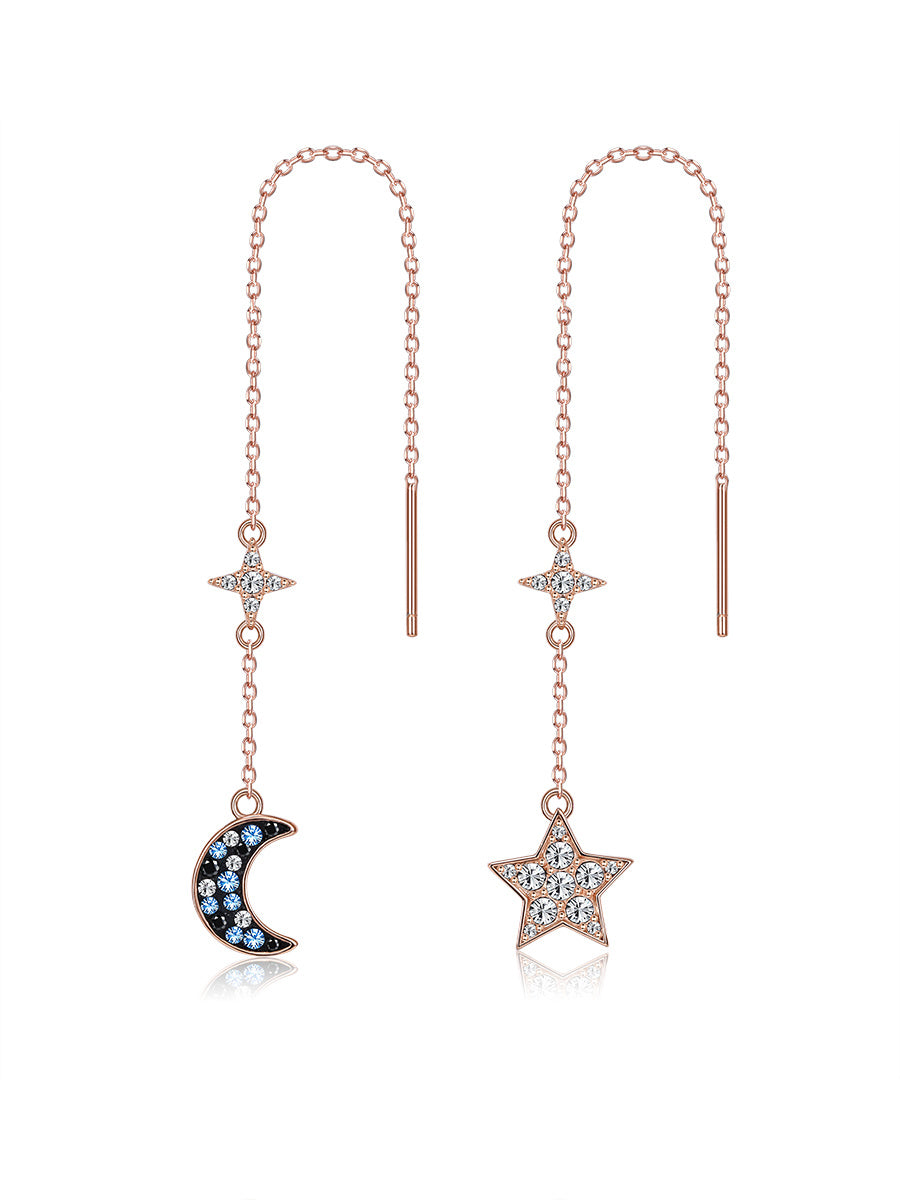 925S Asymmetrical Star And Moon Long Tassel Earrings