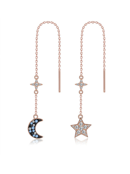 925S Asymmetrical Star And Moon Long Tassel Earrings