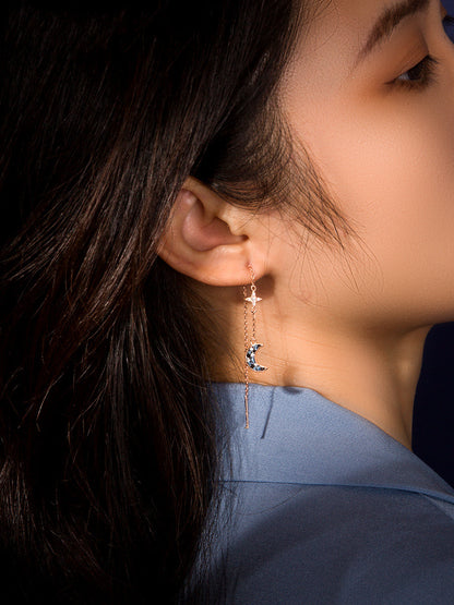 925S Asymmetrical Star And Moon Long Tassel Earrings
