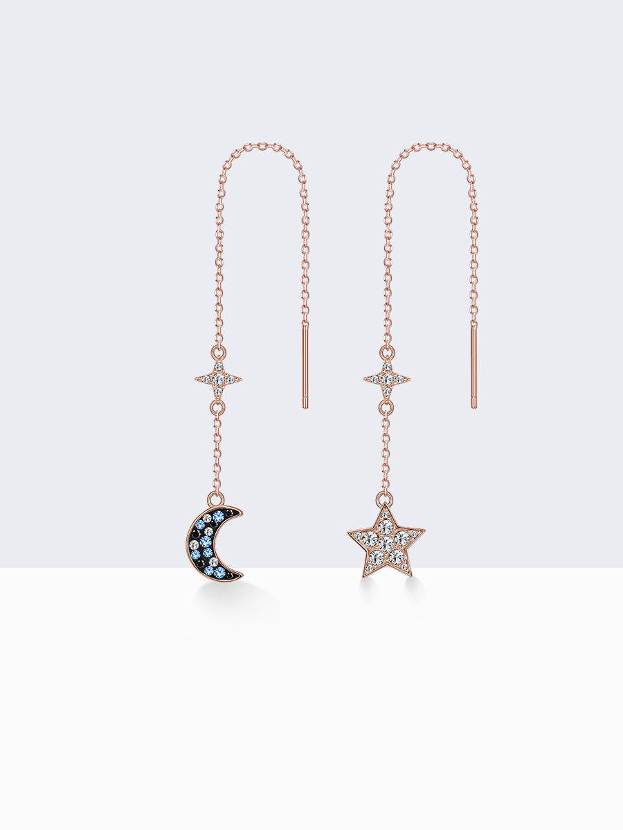 925S Asymmetrical Star And Moon Long Tassel Earrings