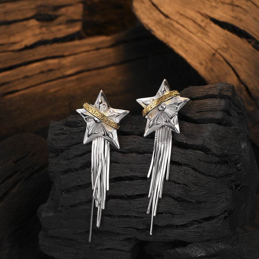 925 Sterling Silver Earrings - Tassel Niche Five-pointed Planet - Shop Jobie