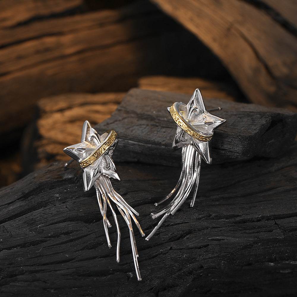 925 Sterling Silver Earrings - Tassel Niche Five-pointed Planet - Shop Jobie