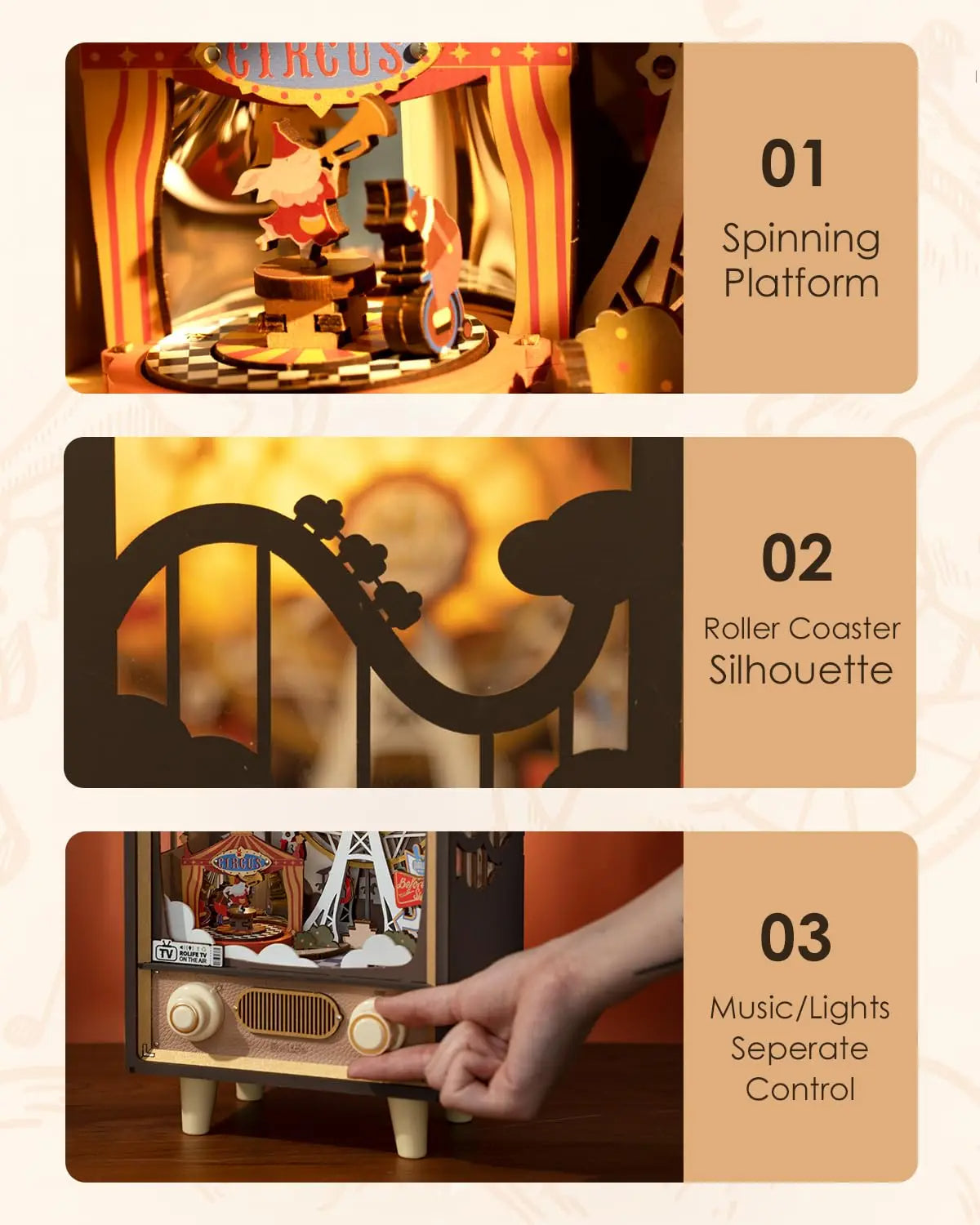 3D Wooden Puzzle - Sunset Carnival Radio Music Boxes w/Lights