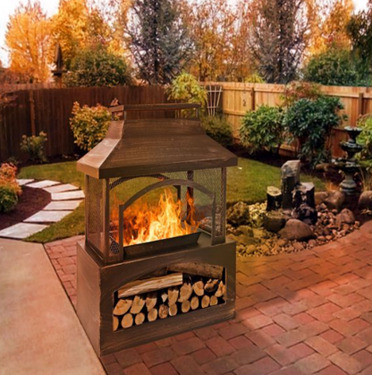 Distressed Metal Outdoor Wood Burning Fireplace w/Built-in Log Storage