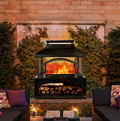 Distressed Metal Outdoor Wood Burning Fireplace w/Built-in Log Storage