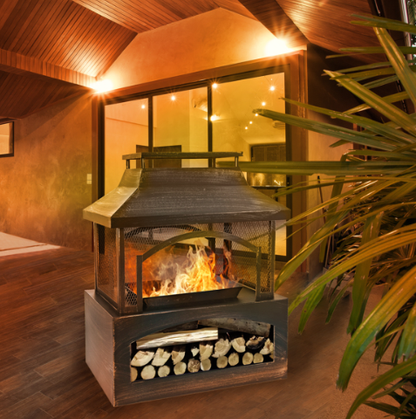 Distressed Metal Outdoor Wood Burning Fireplace w/Built-in Log Storage
