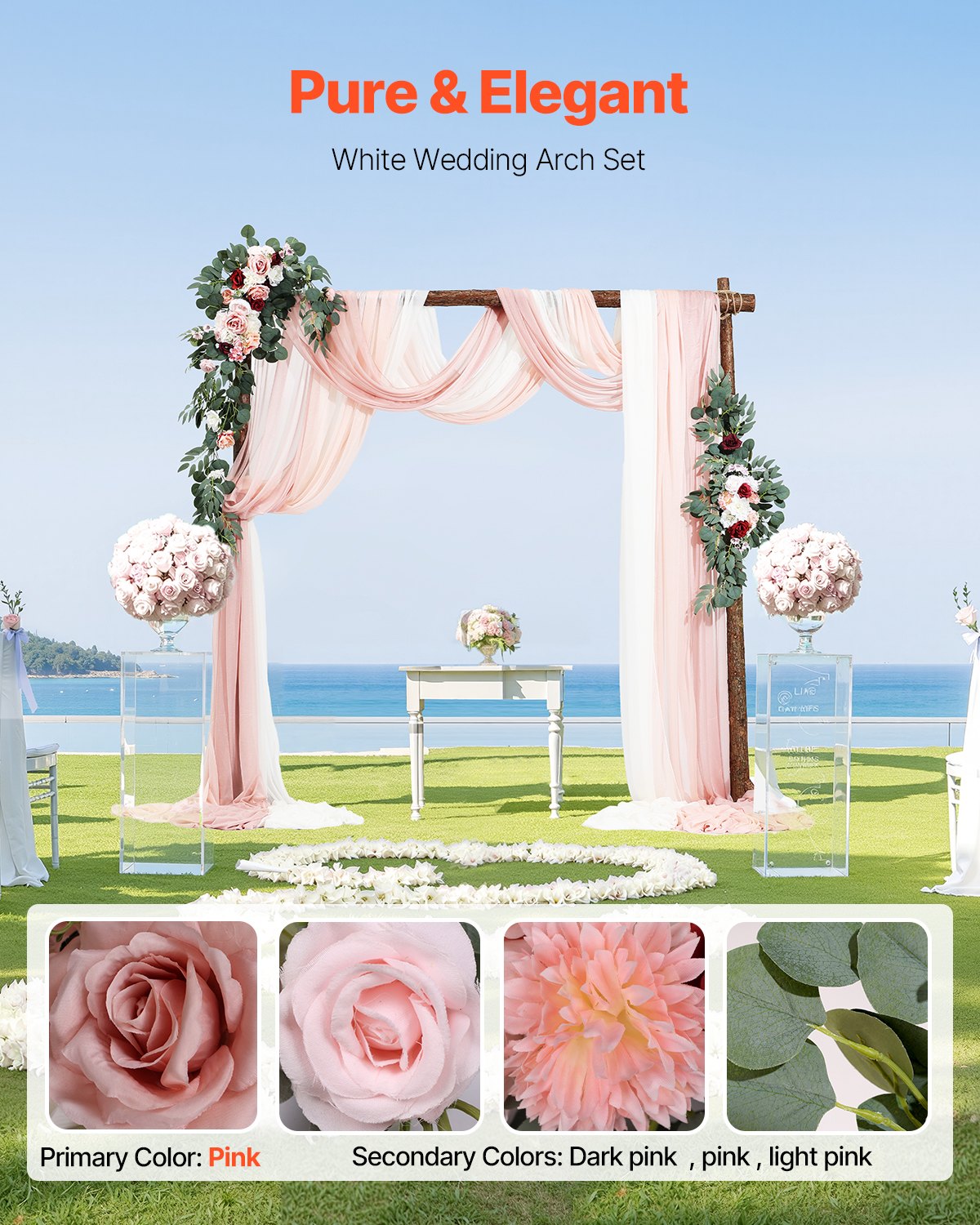 Pk 5 Artificial Wedding Arch Flowers Kit w/33Ft Draping Fabric - rose