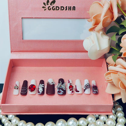 GGddsha Shiny Red Suede - 3D Crystal Faux Nails w/Box Gift Set