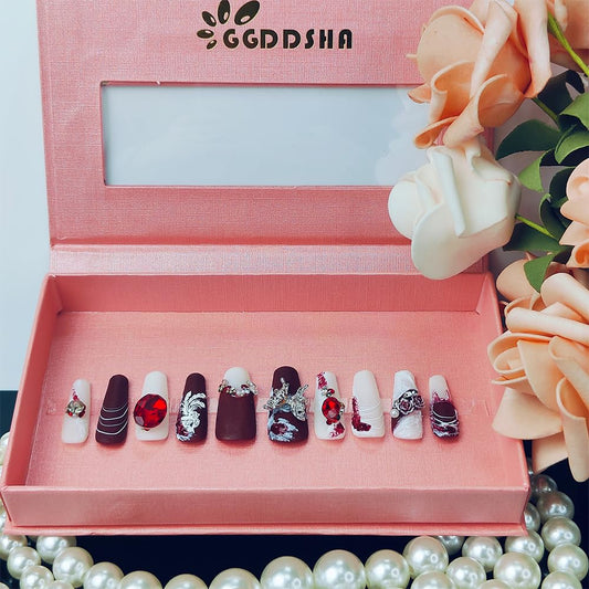 GGddsha Shiny Red Suede - 3D Crystal Faux Nails w/Box Gift Set