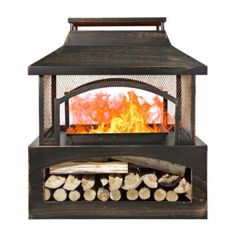 Distressed Metal Outdoor Wood Burning Fireplace w/Built-in Log Storage