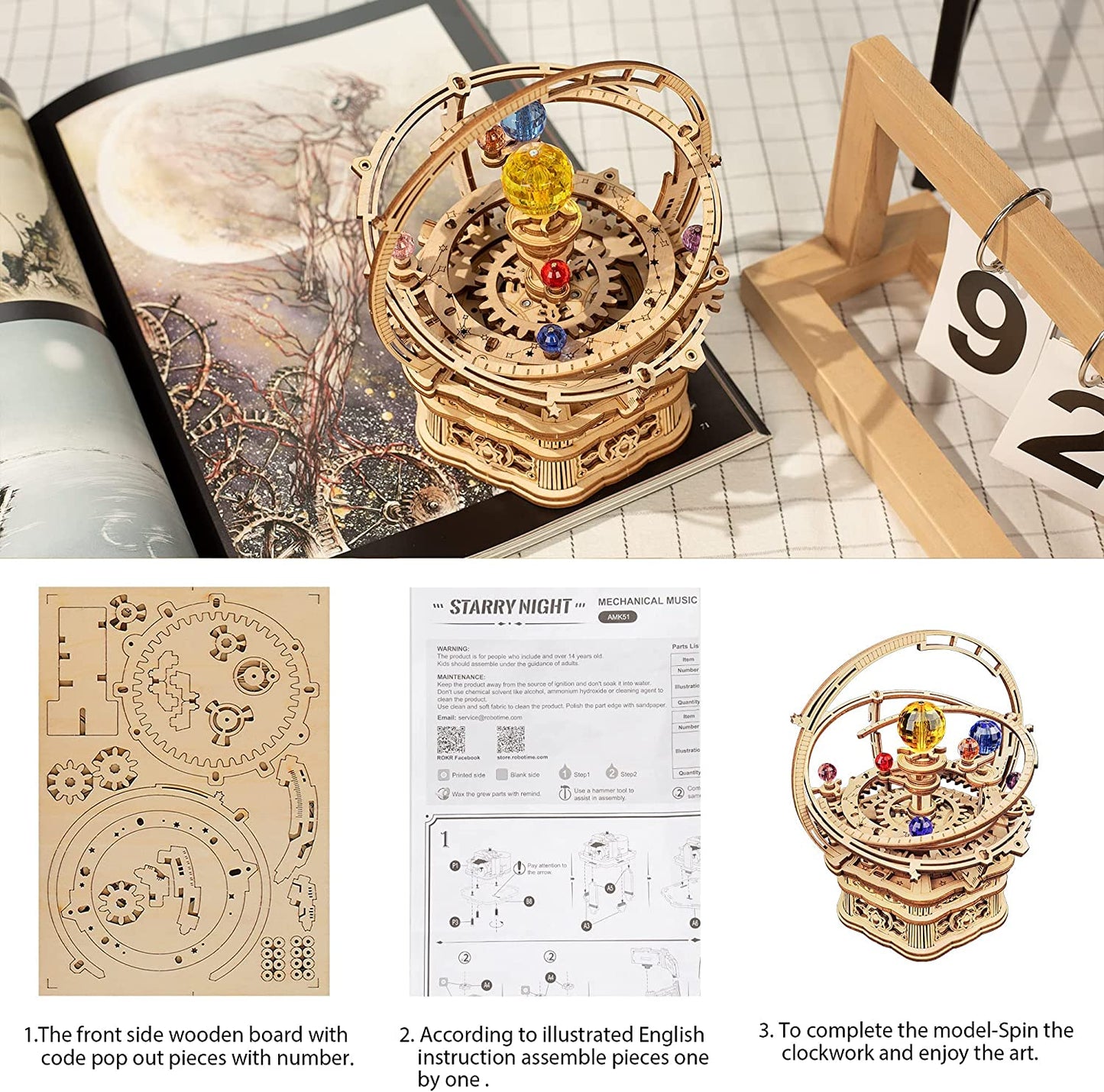 3D Wooden Puzzle DIY Kits - 84pc Rotating Starry Night Mechanical Music Box Kit
