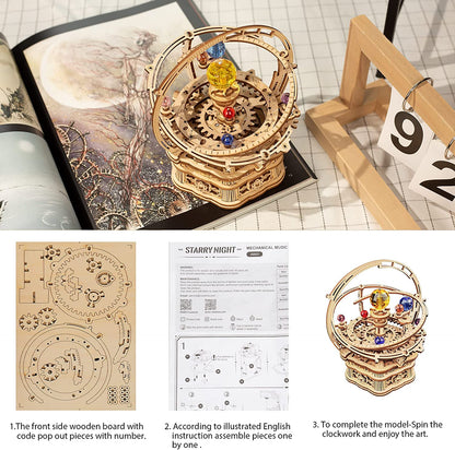 3D Wooden Puzzle DIY Kits - 84pc Rotating Starry Night Mechanical Music Box Kit
