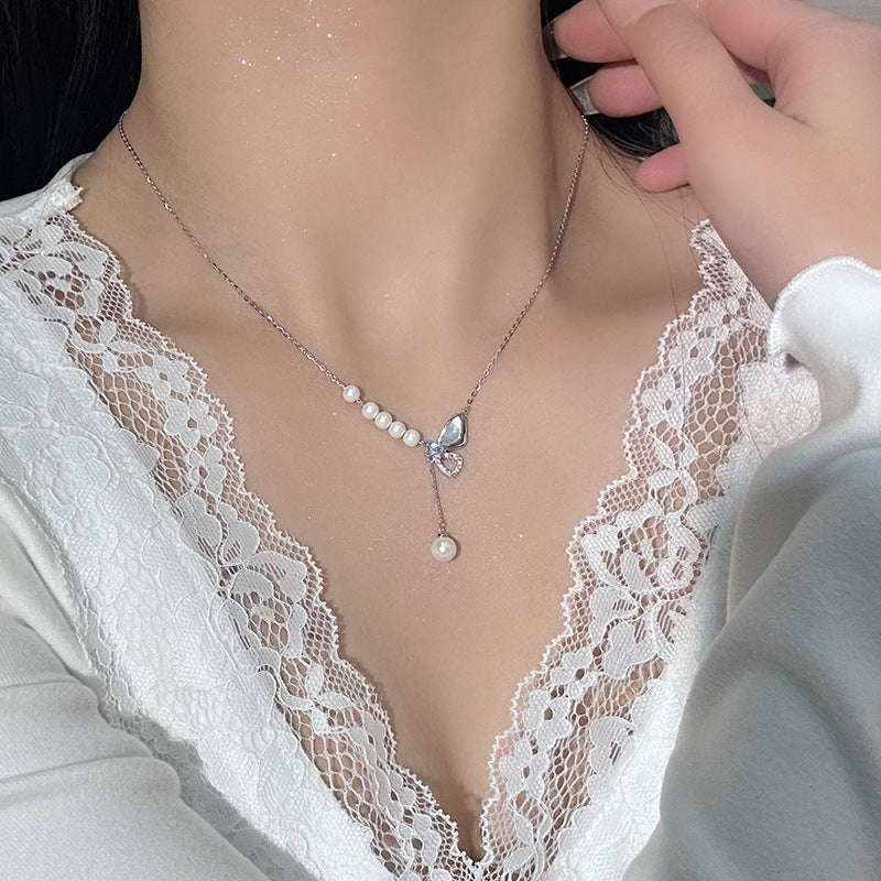 925 Sterling Silver Pearl Bow Necklace