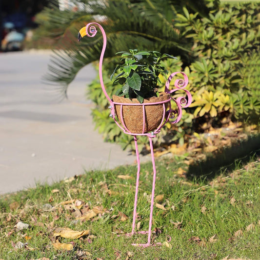 Flamingo Bird Planter, Pink Metal Flamingo with Basket Decorative Pots Containers Stand for Indoor Outdoor Home Garden Patio Lawn… (22 In)