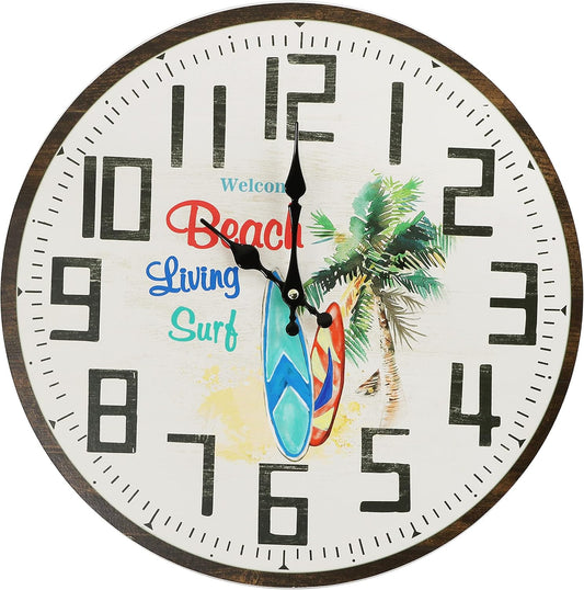 Beach Living Surfboard Wall Clock Large 15.75 Inch Vintage Weathered Wood Design Coastal Home Décor