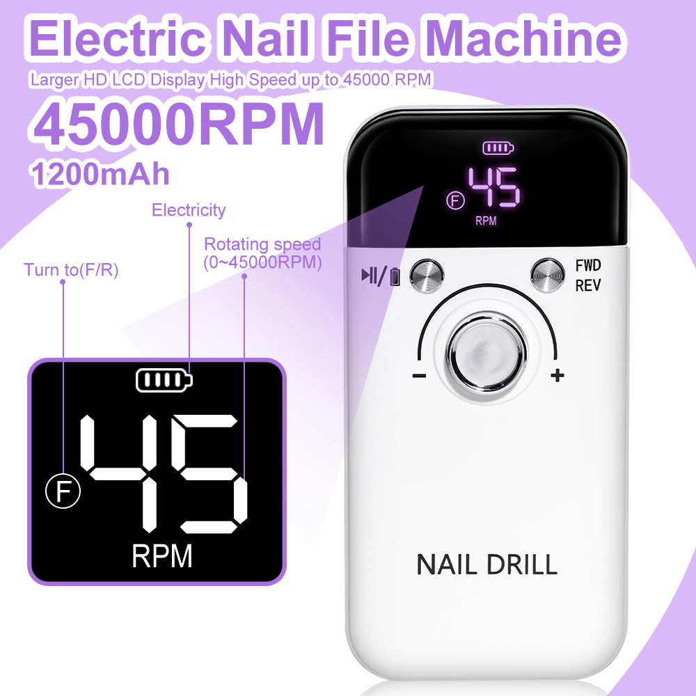 45,000 RPM Portable Nail Drill w/LED Screen Display
