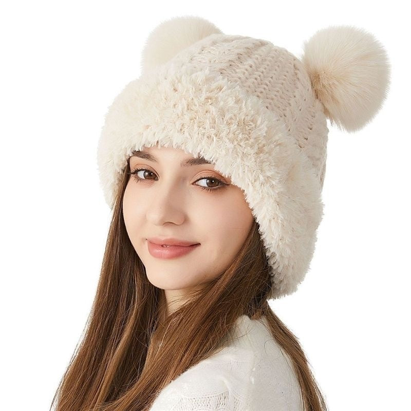 Teddy Bear Ears Fur-Ball Knitted Hat