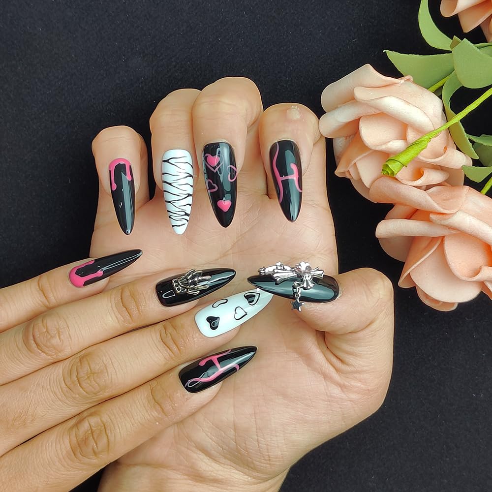 GGddsha Dark Series - Almond Acrylic Press On Nails With Rhinestones