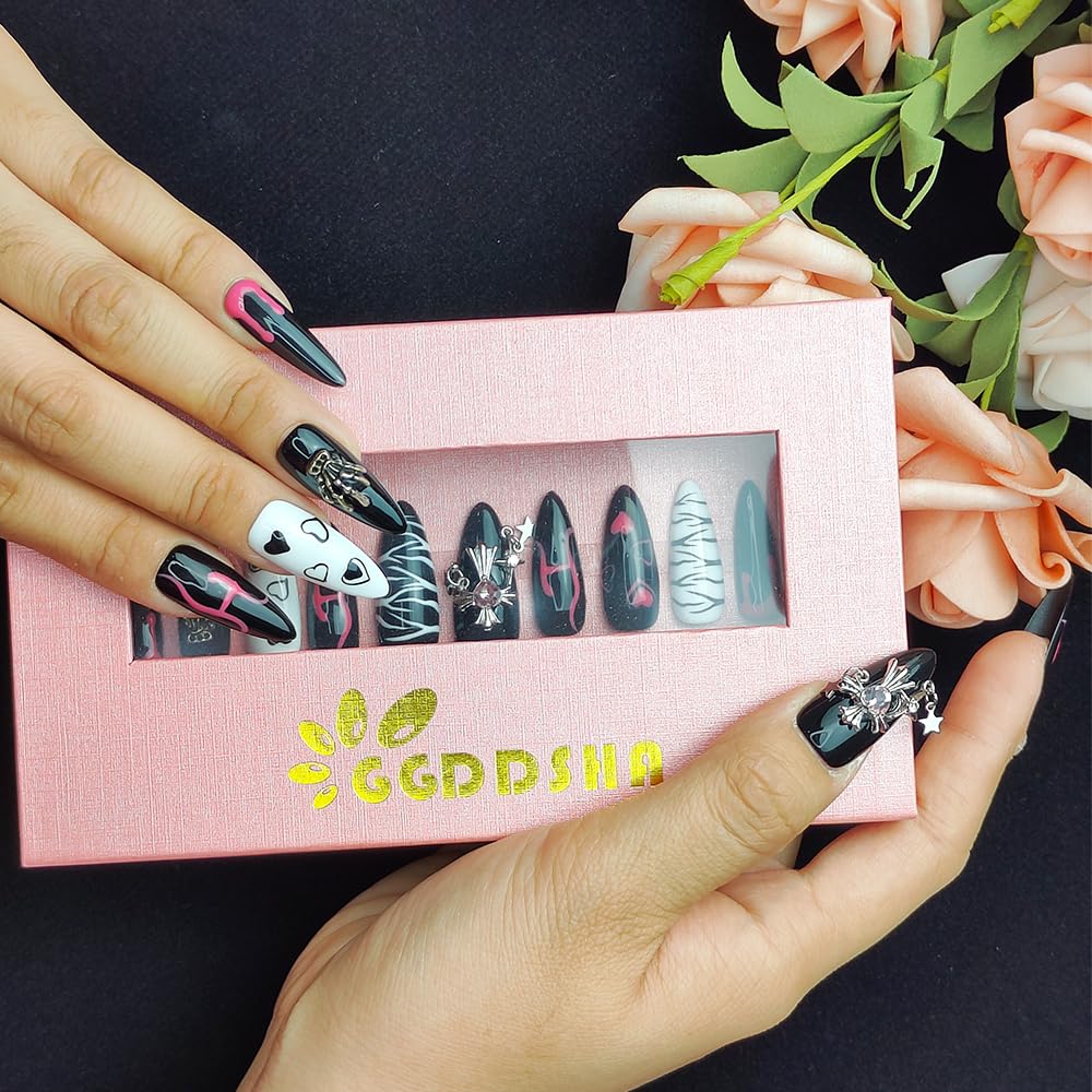 GGddsha Dark Series - Almond Acrylic Press On Nails With Rhinestones