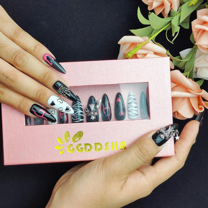GGddsha Dark Series - Almond Acrylic Press On Nails With Rhinestones