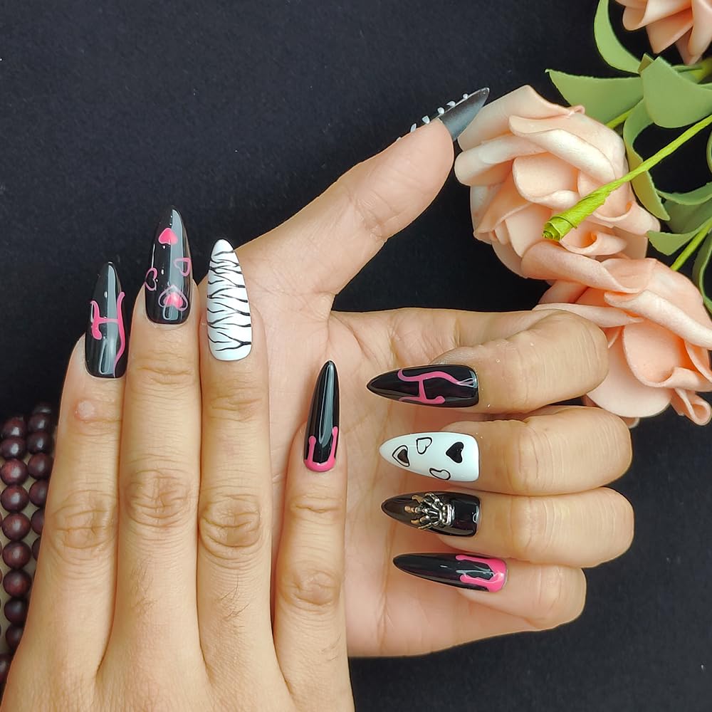 GGddsha Dark Series - Almond Acrylic Press On Nails With Rhinestones