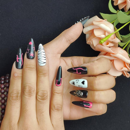 GGddsha Dark Series - Almond Acrylic Press On Nails With Rhinestones