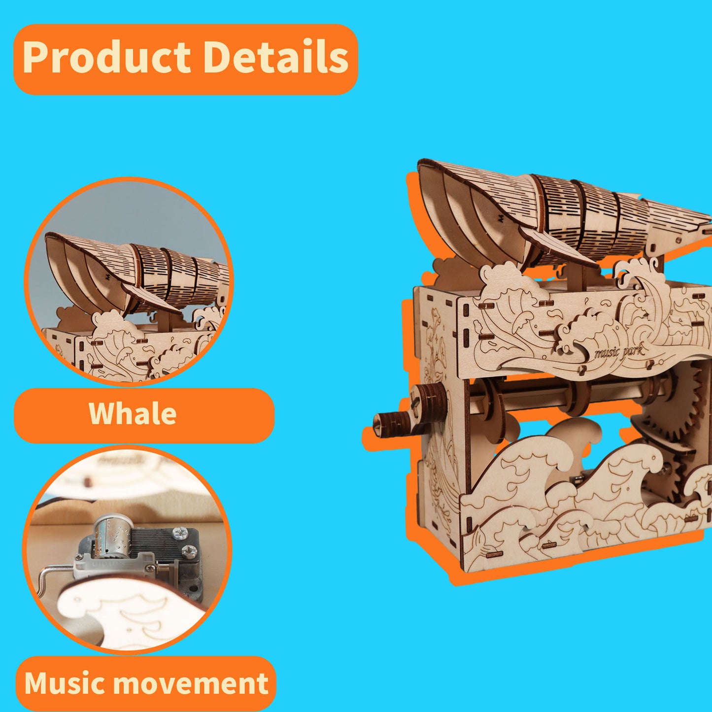 3D Wooden 100pc Whale Puzzle w/Hand Crank Musical Movement