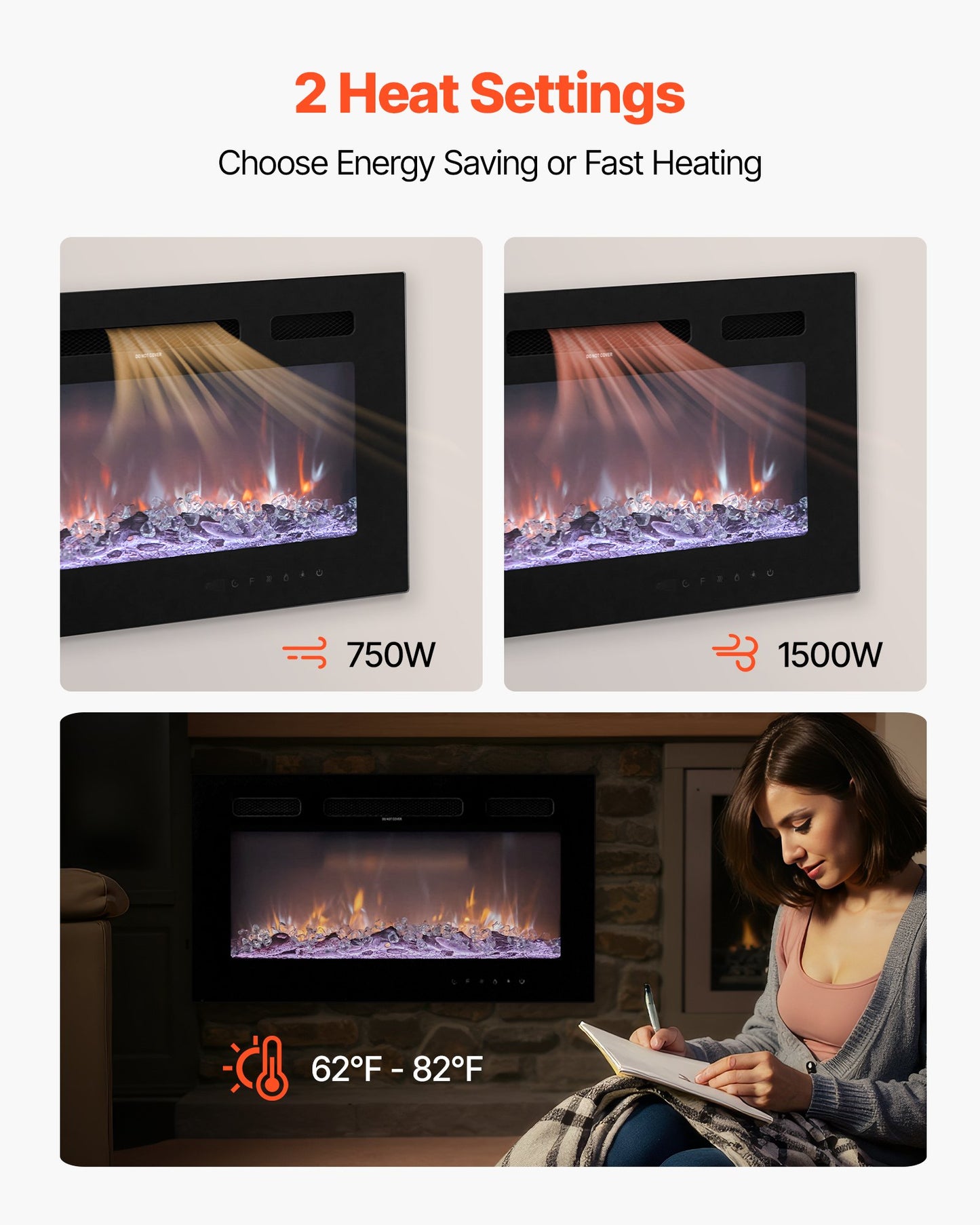 50" Electric Wall Mounted Recessed Fireplace