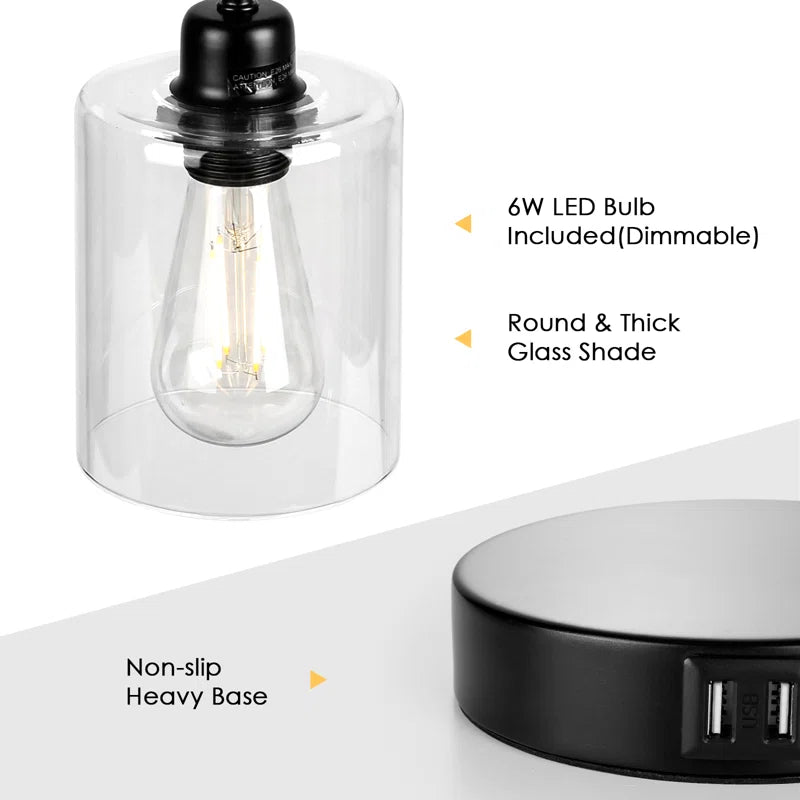 3-Way Dimmable Black Table Lamp with 2 Usb Charging Ports