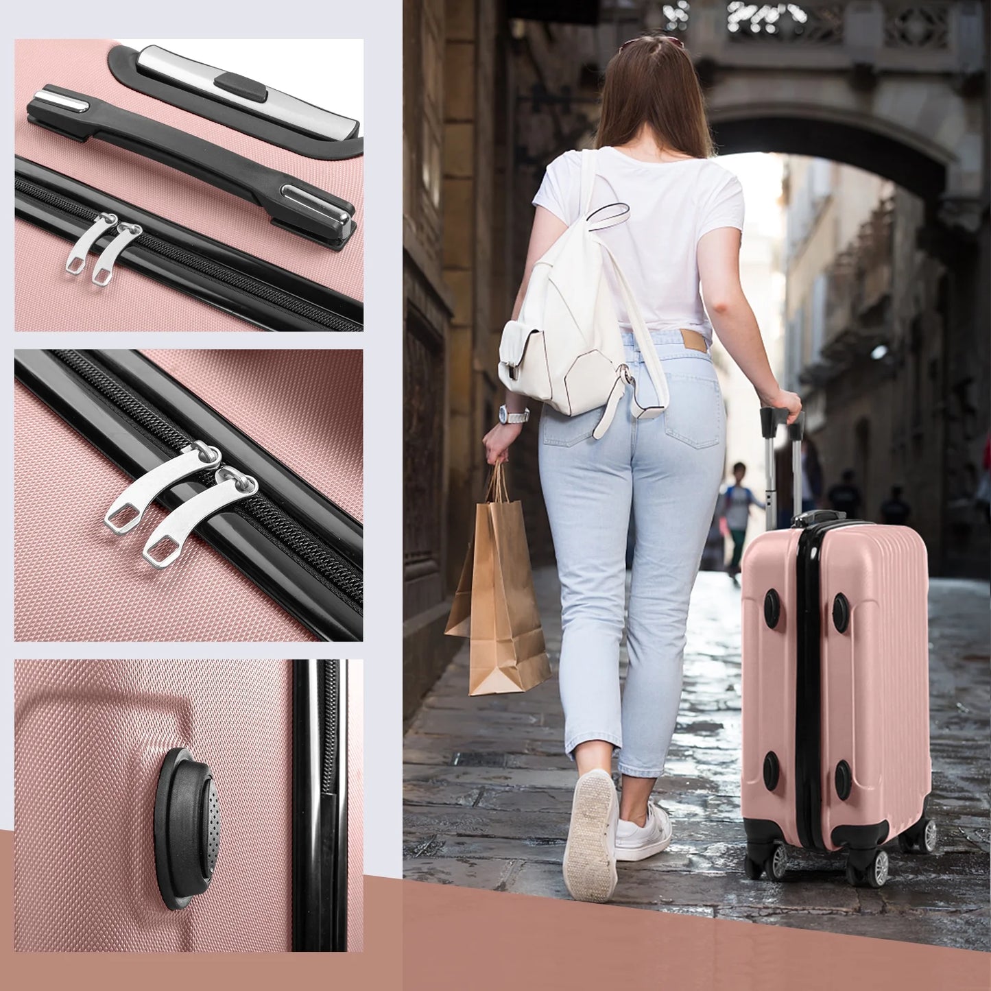 3 Piece Nested Spinner Suitcase Luggage Set with TSA Lock Rose Gold