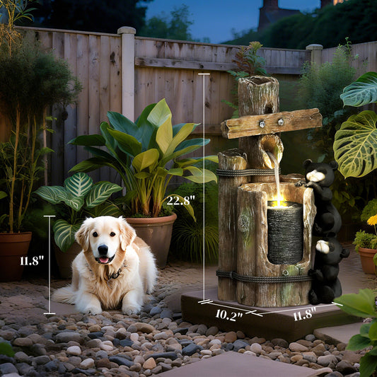 3-Tier Bears On Log Outdoor Waterfall Fountain With LED Lights