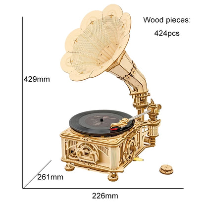 3D Wooden Puzzle DIY Kits -  424pc Hand Crank Gramophone