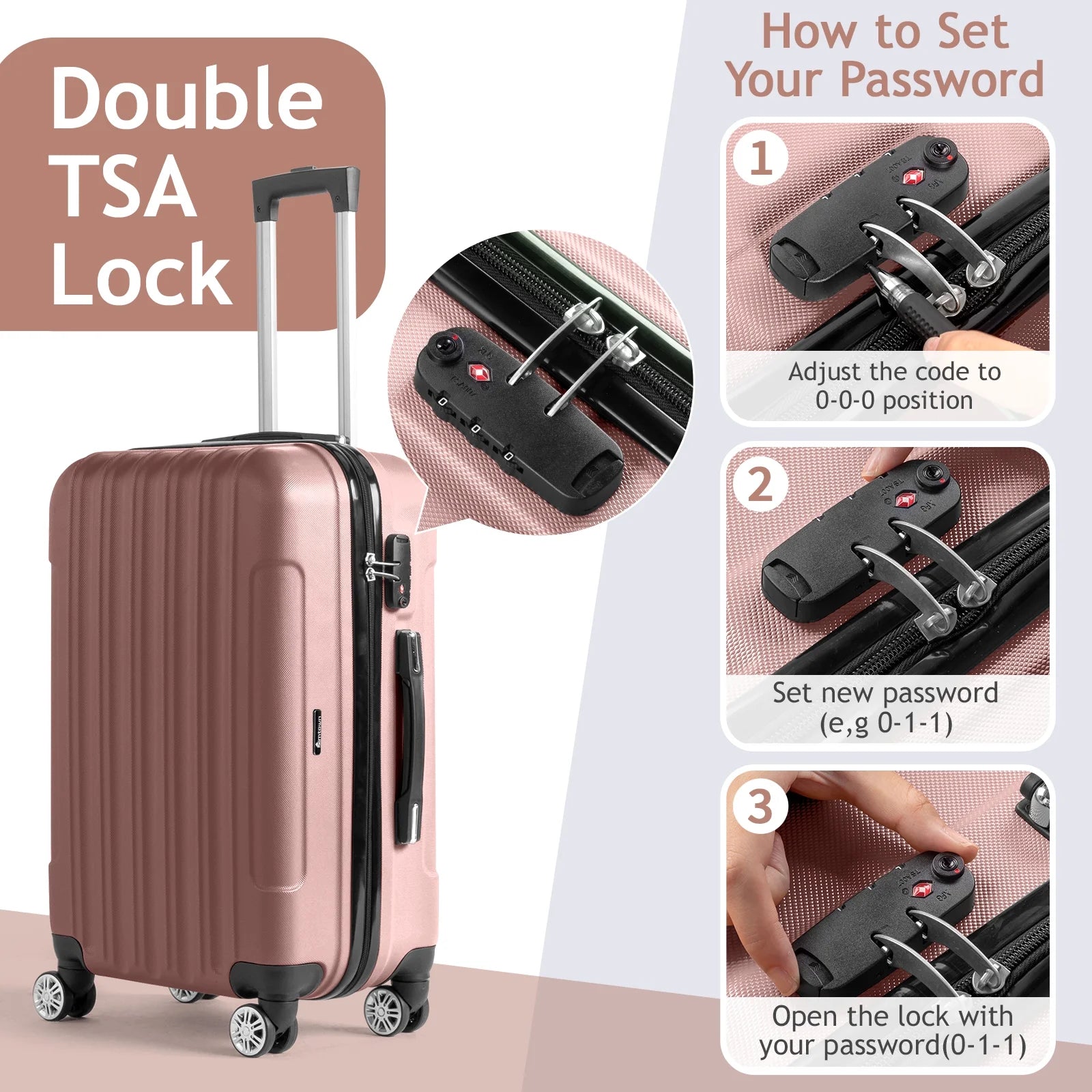 3 Piece Nested Spinner Suitcase Luggage Set with TSA Lock Rose Gold