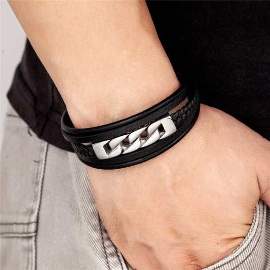 Stainless Steel Leather Rope Woven Bracelet