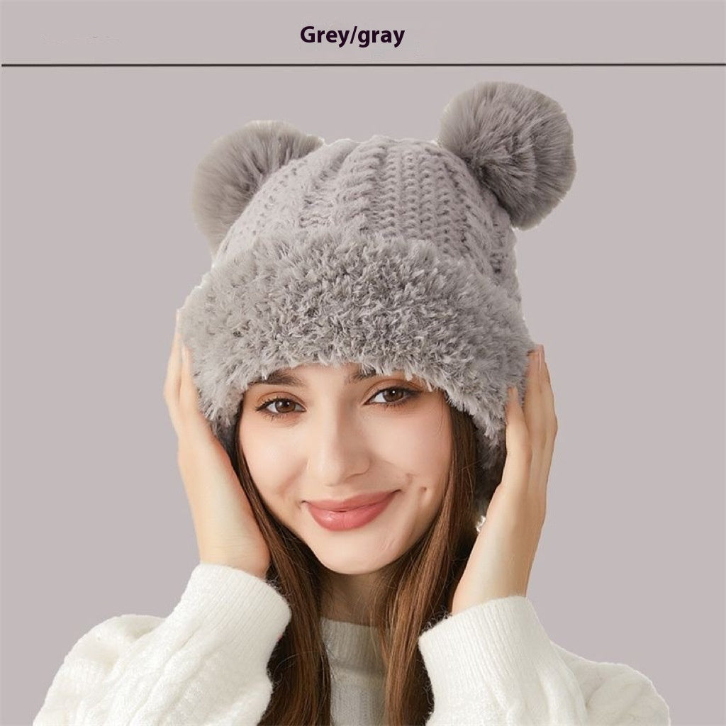 Teddy Bear Ears Fur-Ball Knitted Hat