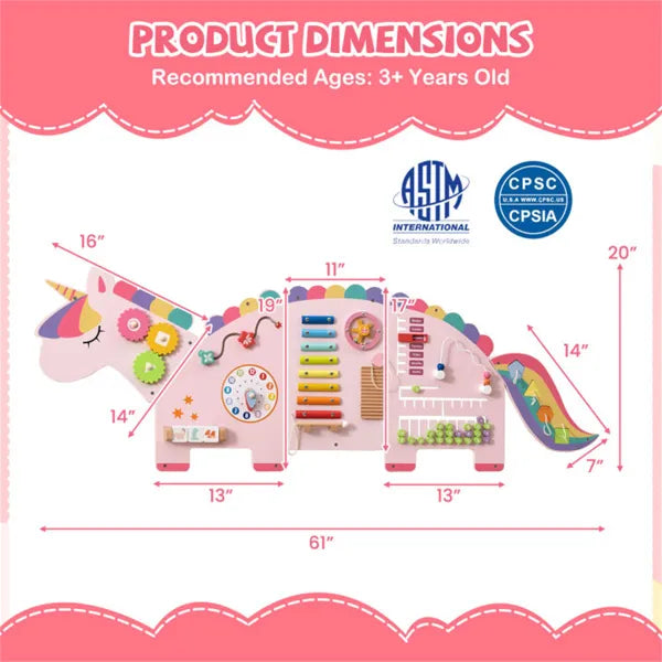 Montessori Activity Wall Busy Board Panel  -  11-in-1 Pink Rainbow Unicorn