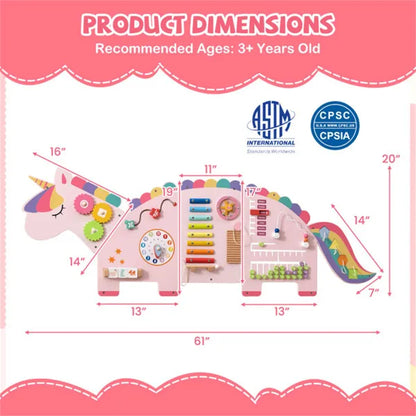 Montessori Activity Wall Busy Board Panel  -  11-in-1 Pink Rainbow Unicorn