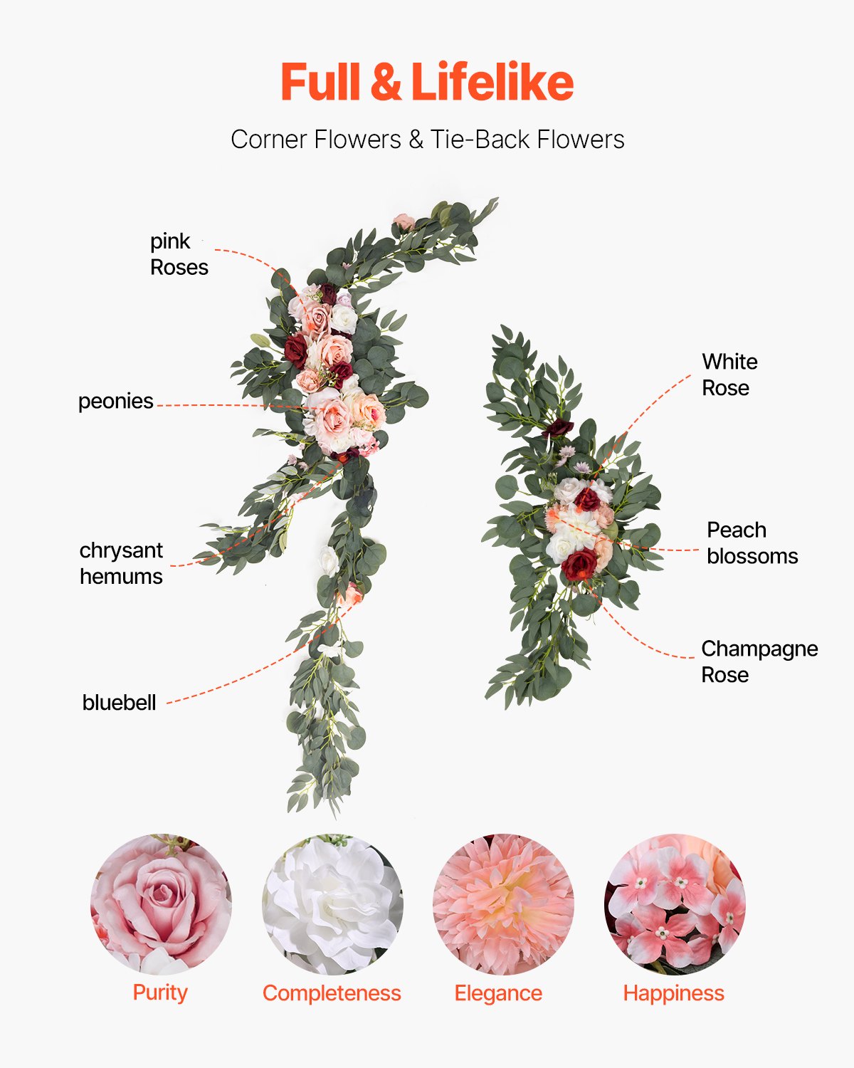 Pk 5 Artificial Wedding Arch Flowers Kit w/33Ft Draping Fabric - rose