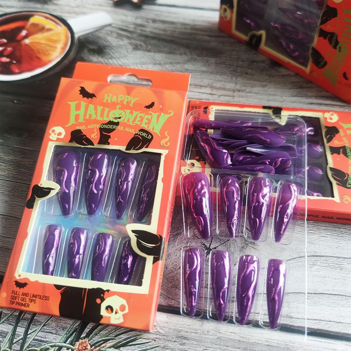 24pc Devil’s Claws Press-On Nails – Long Stiletto Purple Glitter